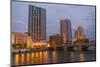 Skyline at dusk, on the Grand River, Grand Rapids, Michigan. USA.-Randa Bishop-Mounted Photographic Print
