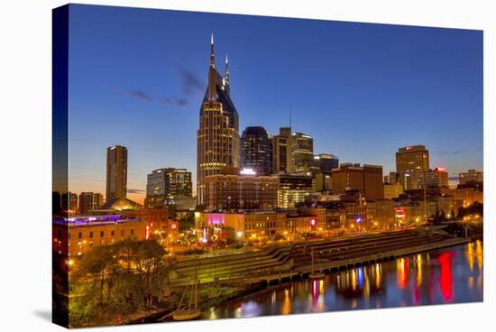 Skyline at Dusk over the Cumberland River in Nashville Tennessee-Chuck Haney-Stretched Canvas