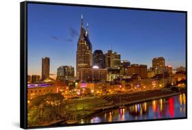 Skyline at Dusk over the Cumberland River in Nashville Tennessee-Chuck Haney-Framed Stretched Canvas