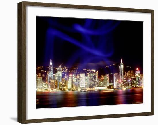 Skyline at Night Reflected in Victoria Harbour, Kowloon, Hong Kong-Russell Gordon-Framed Photographic Print