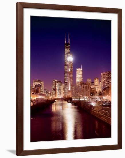 Skyline at night with Chicago River and Sears Tower, Chicago, Illinois, USA-Alan Klehr-Framed Photographic Print