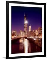 Skyline at night with Chicago River and Sears Tower, Chicago, Illinois, USA-Alan Klehr-Framed Photographic Print