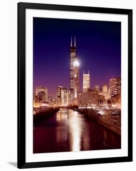 Skyline at night with Chicago River and Sears Tower, Chicago, Illinois, USA-Alan Klehr-Framed Photographic Print