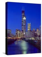 Skyline at night with Chicago River and Sears Tower, Chicago, Illinois, USA-Alan Klehr-Stretched Canvas