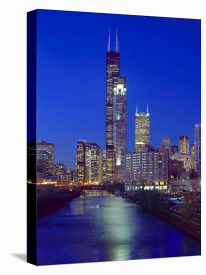 Skyline at night with Chicago River and Sears Tower, Chicago, Illinois, USA-Alan Klehr-Stretched Canvas