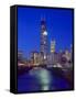 Skyline at night with Chicago River and Sears Tower, Chicago, Illinois, USA-Alan Klehr-Framed Stretched Canvas