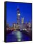 Skyline at night with Chicago River and Sears Tower, Chicago, Illinois, USA-Alan Klehr-Framed Stretched Canvas