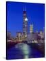 Skyline at night with Chicago River and Sears Tower, Chicago, Illinois, USA-Alan Klehr-Stretched Canvas