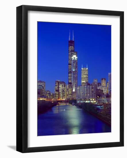 Skyline at night with Chicago River and Sears Tower, Chicago, Illinois, USA-Alan Klehr-Framed Photographic Print