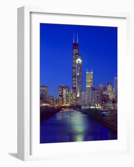 Skyline at night with Chicago River and Sears Tower, Chicago, Illinois, USA-Alan Klehr-Framed Photographic Print