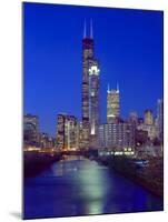 Skyline at night with Chicago River and Sears Tower, Chicago, Illinois, USA-Alan Klehr-Mounted Photographic Print