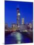 Skyline at night with Chicago River and Sears Tower, Chicago, Illinois, USA-Alan Klehr-Mounted Photographic Print