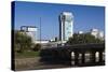 Skyline by the Arkansas River, Wichita, Kansas, USA-Walter Bibikow-Stretched Canvas