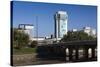 Skyline by the Arkansas River, Wichita, Kansas, USA-Walter Bibikow-Stretched Canvas