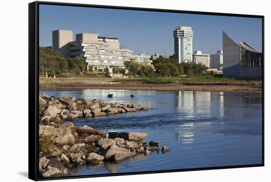 Skyline by the Arkansas River, Wichita, Kansas, USA-Walter Bibikow-Framed Stretched Canvas