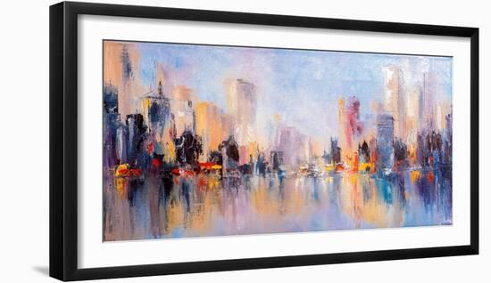 Skyline City View with Reflections on Water. Original Oil Painting on Canvas,-Elen11-Framed Photographic Print