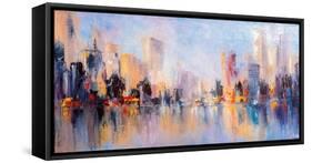 Skyline City View with Reflections on Water. Original Oil Painting on Canvas,-Elen11-Framed Stretched Canvas