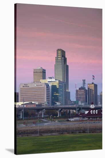 Skyline from the Missouri River at Dawn, Omaha, Nebraska, USA-Walter Bibikow-Stretched Canvas