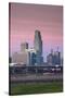 Skyline from the Missouri River at Dawn, Omaha, Nebraska, USA-Walter Bibikow-Stretched Canvas