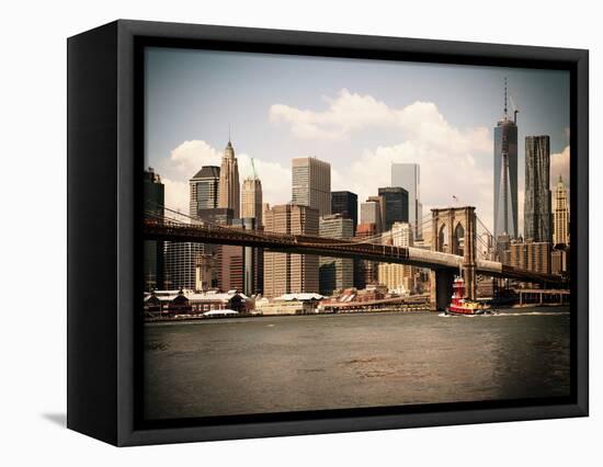 Skyline of NYC with One World Trade Center and East River, Manhattan and Brooklyn Bridge, Vintage-Philippe Hugonnard-Framed Stretched Canvas