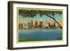 Skyline of Oakland across Lake Merritt - Oakland, CA-Lantern Press-Framed Art Print