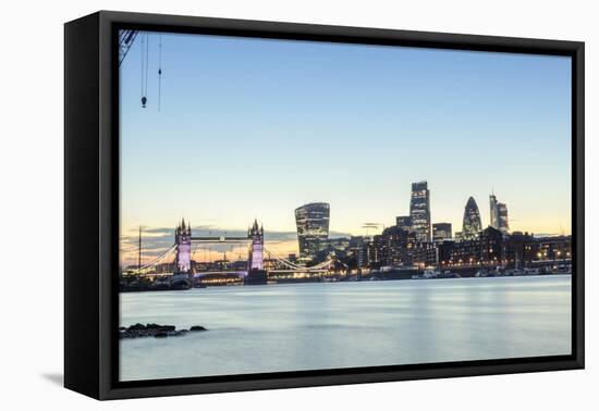 Skyline of the City of London and Tower Bridge at Twilight Shot from Bermondsey, London, England-Alex Robinson-Framed Stretched Canvas