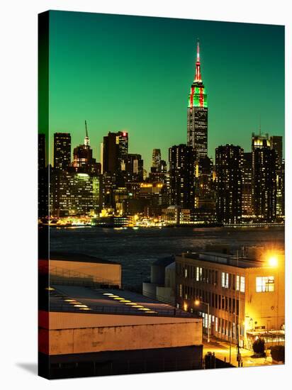 Skyline of the Skyscrapers of Manhattan by Green Night from Brooklyn-Philippe Hugonnard-Stretched Canvas