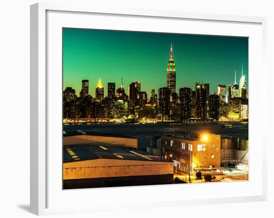 Skyline of the Skyscrapers of Manhattan by Green Night from Brooklyn-Philippe Hugonnard-Framed Photographic Print