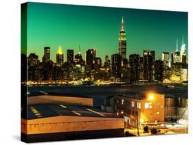 Skyline of the Skyscrapers of Manhattan by Green Night from Brooklyn-Philippe Hugonnard-Stretched Canvas