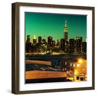 Skyline of the Skyscrapers of Manhattan by Green Night from Brooklyn-Philippe Hugonnard-Framed Photographic Print