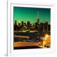 Skyline of the Skyscrapers of Manhattan by Green Night from Brooklyn-Philippe Hugonnard-Framed Photographic Print