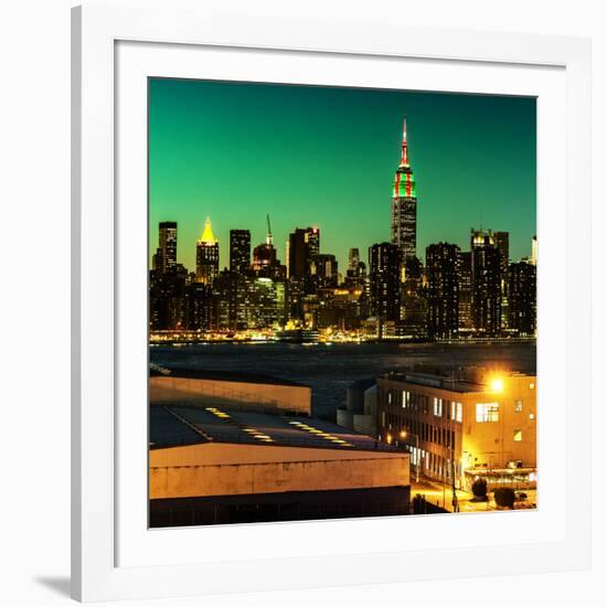 Skyline of the Skyscrapers of Manhattan by Green Night from Brooklyn-Philippe Hugonnard-Framed Photographic Print