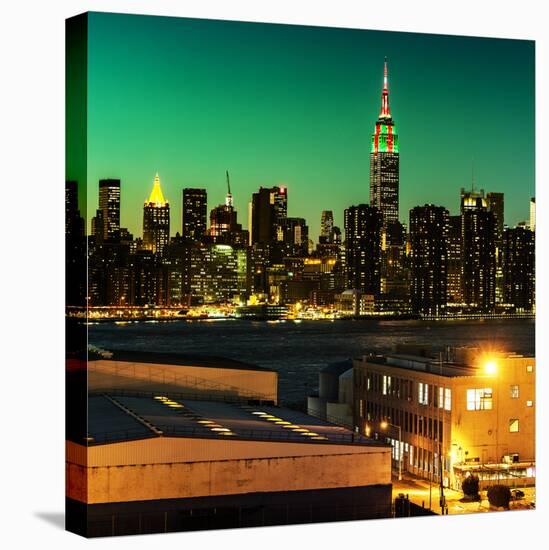 Skyline of the Skyscrapers of Manhattan by Green Night from Brooklyn-Philippe Hugonnard-Stretched Canvas