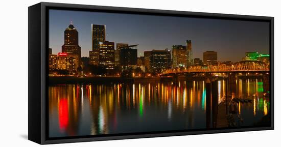 Skyline with City Light at Night, Portland, Multnomah County, Oregon, USA-null-Framed Stretched Canvas