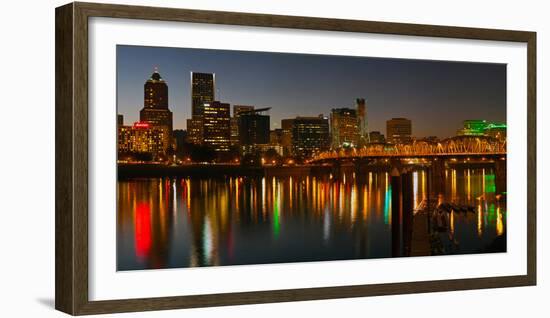 Skyline with City Light at Night, Portland, Multnomah County, Oregon, USA-null-Framed Photographic Print