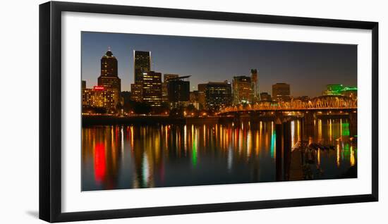 Skyline with City Light at Night, Portland, Multnomah County, Oregon, USA-null-Framed Photographic Print