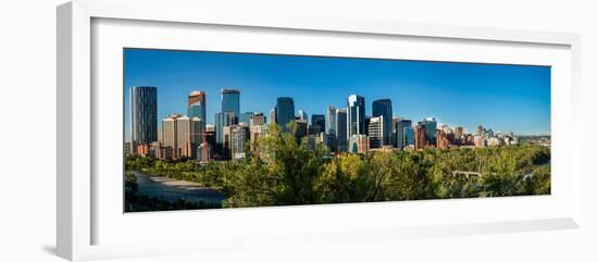 Skylines in a city, Bow River, Calgary, Alberta, Canada-null-Framed Photographic Print