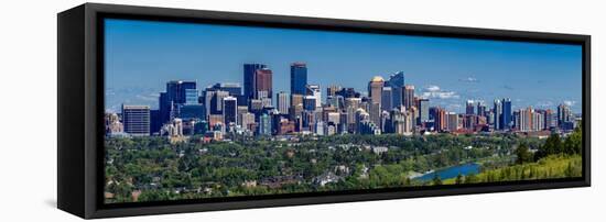 Skylines in a city, Bow River, Calgary, Alberta, Canada-null-Framed Stretched Canvas