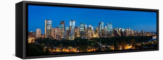 Skylines in a city, Bow River, Calgary, Alberta, Canada-null-Framed Stretched Canvas