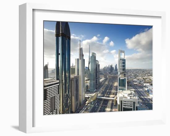 Skyscrapers Along Sheikh Zayed Road Looking Towards the Burj Kalifa, Dubai, United Arab Emirates-Gavin Hellier-Framed Photographic Print