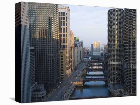 Skyscrapers Along the Chicago River and West Wacker Drive at Dawn, Chicago, Illinois, USA-Amanda Hall-Stretched Canvas