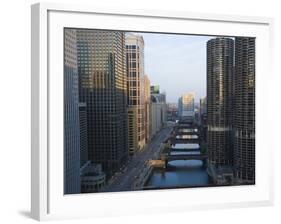 Skyscrapers Along the Chicago River and West Wacker Drive at Dawn, Chicago, Illinois, USA-Amanda Hall-Framed Photographic Print