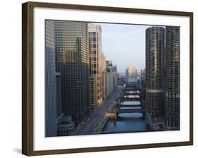 Skyscrapers Along the Chicago River and West Wacker Drive at Dawn, Chicago, Illinois, USA-Amanda Hall-Framed Photographic Print