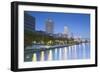 Skyscrapers and Park on Nakanoshima Island at Dusk, Kita, Osaka, Kansai, Japan-Ian Trower-Framed Photographic Print