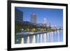 Skyscrapers and Park on Nakanoshima Island at Dusk, Kita, Osaka, Kansai, Japan-Ian Trower-Framed Photographic Print