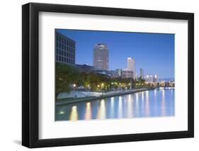 Skyscrapers and Park on Nakanoshima Island at Dusk, Kita, Osaka, Kansai, Japan-Ian Trower-Framed Photographic Print