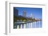 Skyscrapers and Park on Nakanoshima Island at Dusk, Kita, Osaka, Kansai, Japan-Ian Trower-Framed Photographic Print