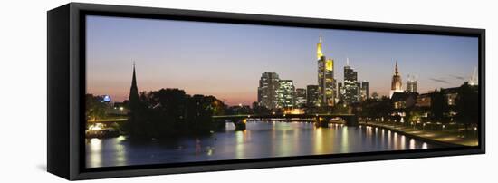 Skyscrapers Lit Up at Dusk, Main River, Frankfurt, Hesse, Germany-null-Framed Stretched Canvas