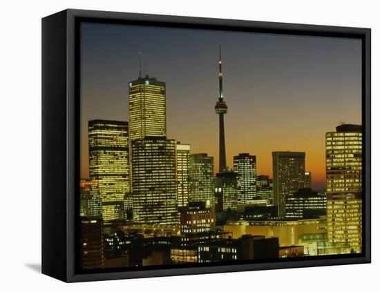 Skyscrapers Lit Up at Dusk, Toronto Eaton Centre, Toronto, Ontario, Canada-null-Framed Stretched Canvas