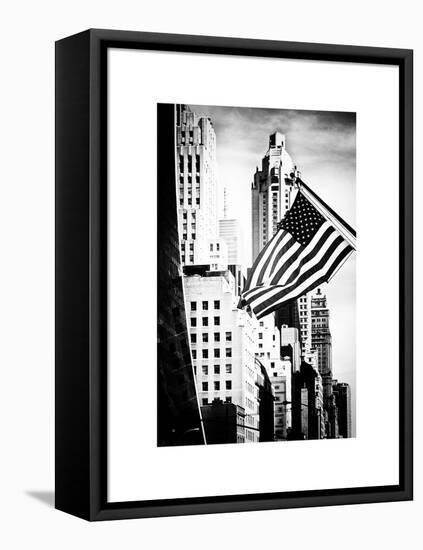Skyscrapers View, American Flag, Midtown Manhattan, NYC, White Frame, Old-Philippe Hugonnard-Framed Stretched Canvas